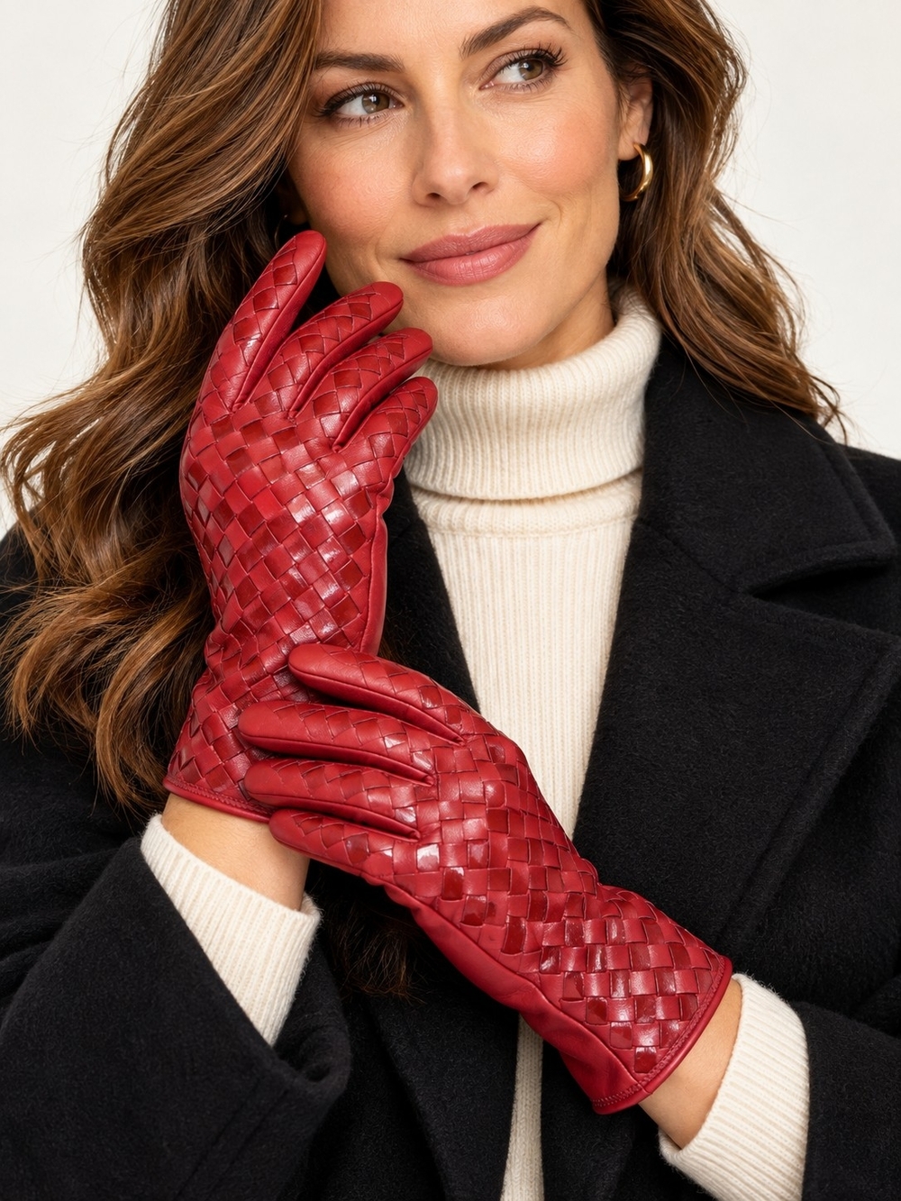Italian Red Woven Leather Gloves Cashmere Lined Basketweave Size M Luxury